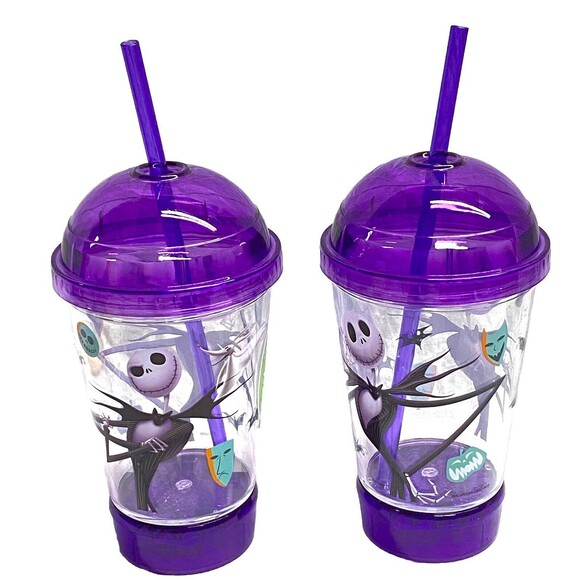 Jack Skellington Flashing Lights Purple Dome Top Cup W Straw New Lot Of 2 Disney - Picture 1 of 6